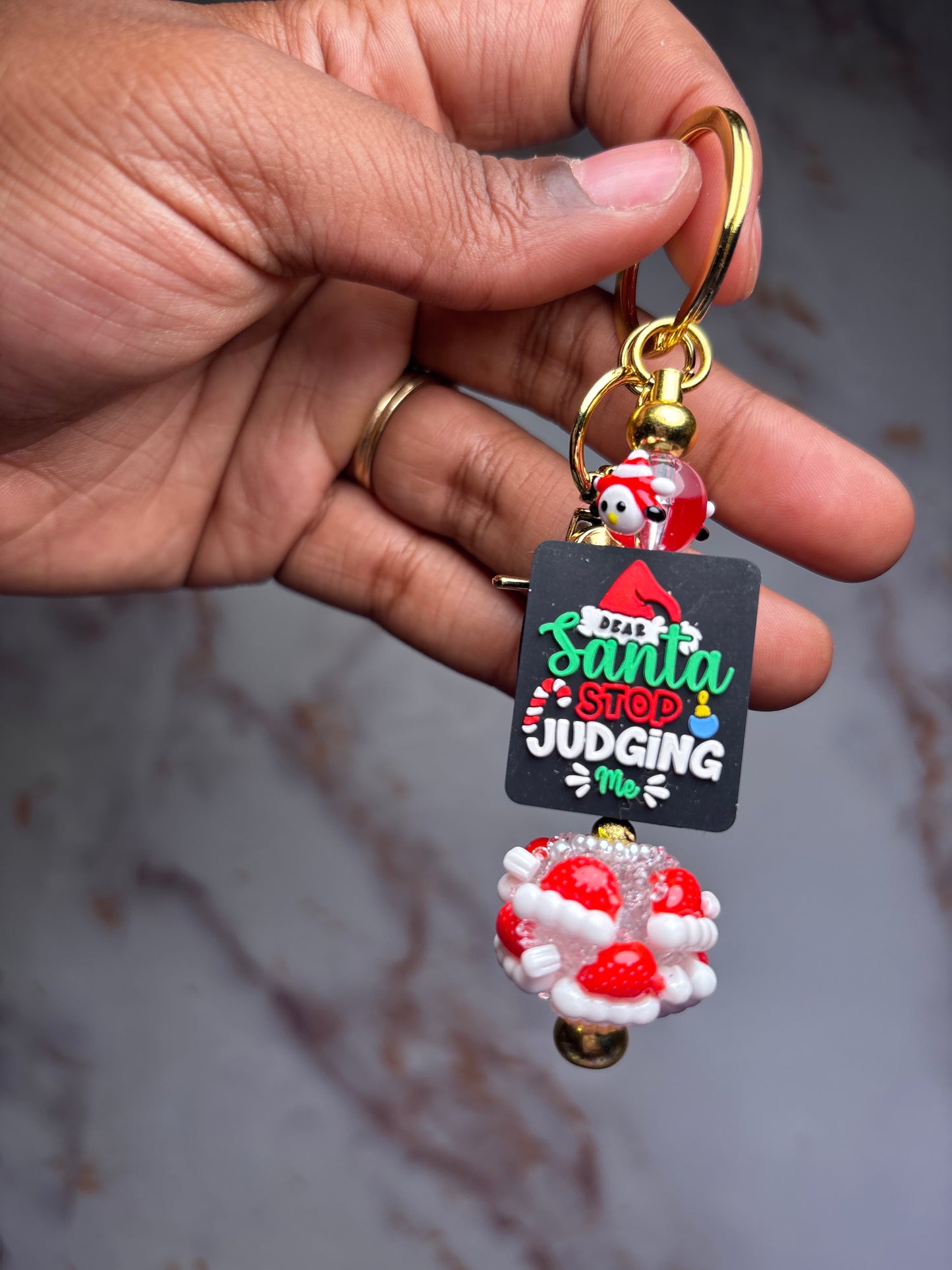 Santa judging 2 keychain badge